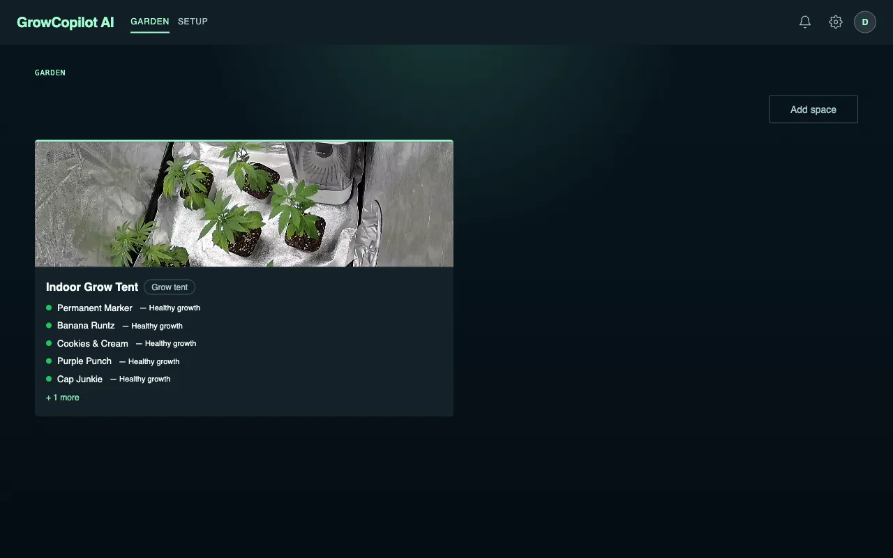 GrowCopilot AI garden overview showing plant health status