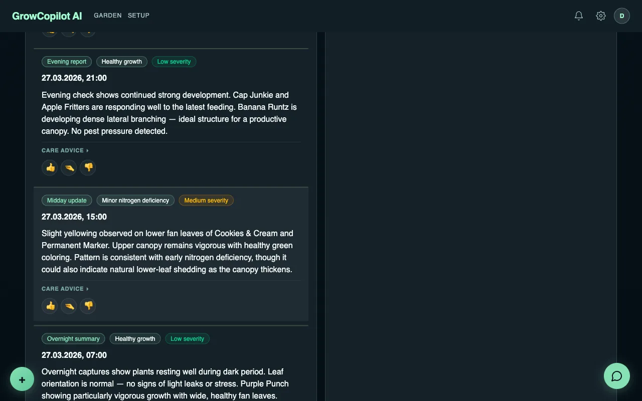 AI health analysis with per-plant diagnosis building the Grow Record