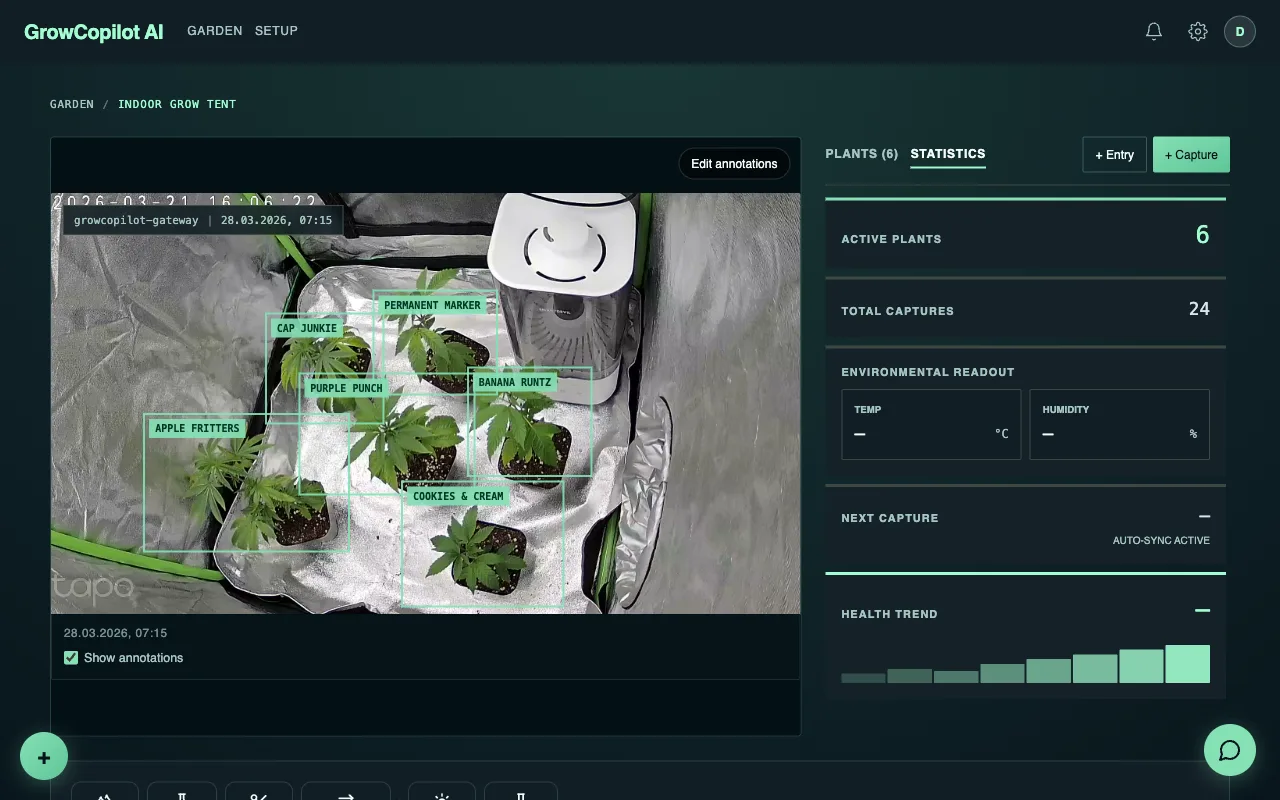 GrowCopilot AI garden overview with context-aware chat